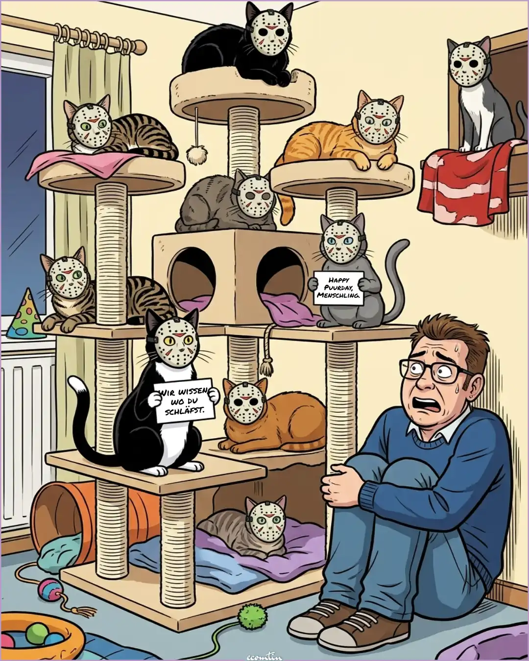 Happy Fur-day the 13th Comic-Illustration eines verängstigten Mannes in einer Zimmerecke, der von mehreren Katzen mit Eishockey-Masken auf einem Kratzbaum belagert wird.
Zwei der maskierten Katzen halten weiße Schilder hoch und starren ihn am Freitag den 13. in einer humorvoll-gruseligen Szene an.